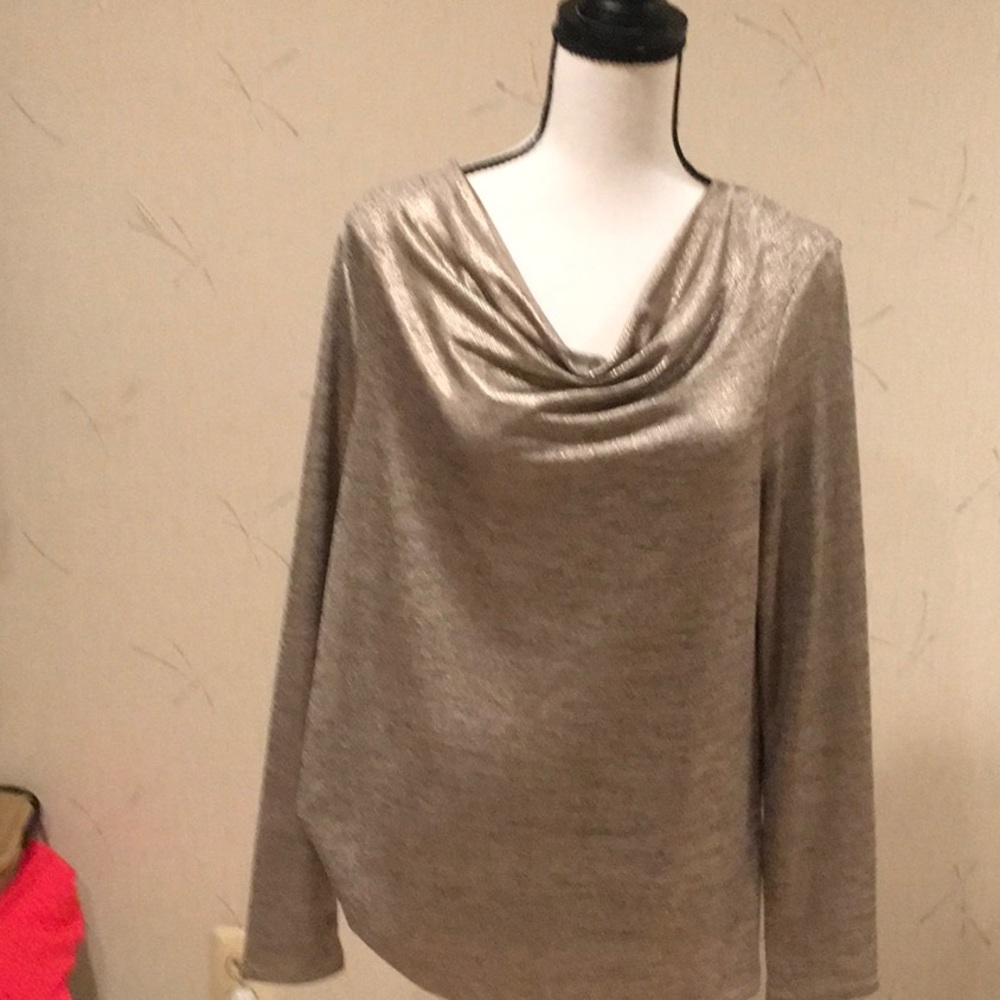 Chico’s metallic thread top with draped neckline in front